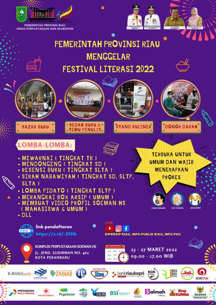 Buruan Daftar, Festival Literasi Riau 23-27 Maret Dimeriahkan Aneka Lomba